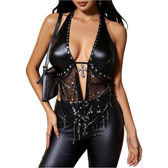 Women's Solid Black Gothic Grunge PU Leather Sparkly Halter V Neck Vest Crop Top - Picture 1 of 6